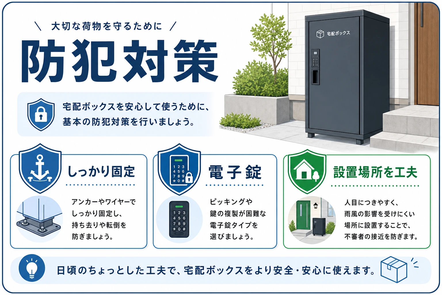 宅配ボックスの盗難・防犯対策（固定・電子錠・設置場所）をまとめた図解