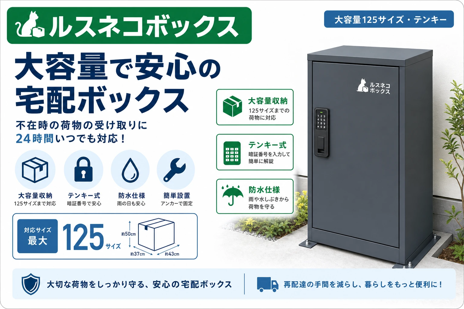 ルスネコボックス Premium Sの紹介カード:テンキー式+シリンダー錠・125サイズ対応・亜鉛めっき鋼板(2026年7月時点)