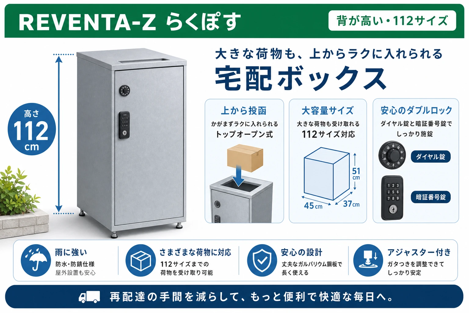 REVENTA-Z らくぽすの紹介カード:ダイヤル式+テンキー式・112サイズ対応・亜鉛めっき鋼板(2026年7月時点)