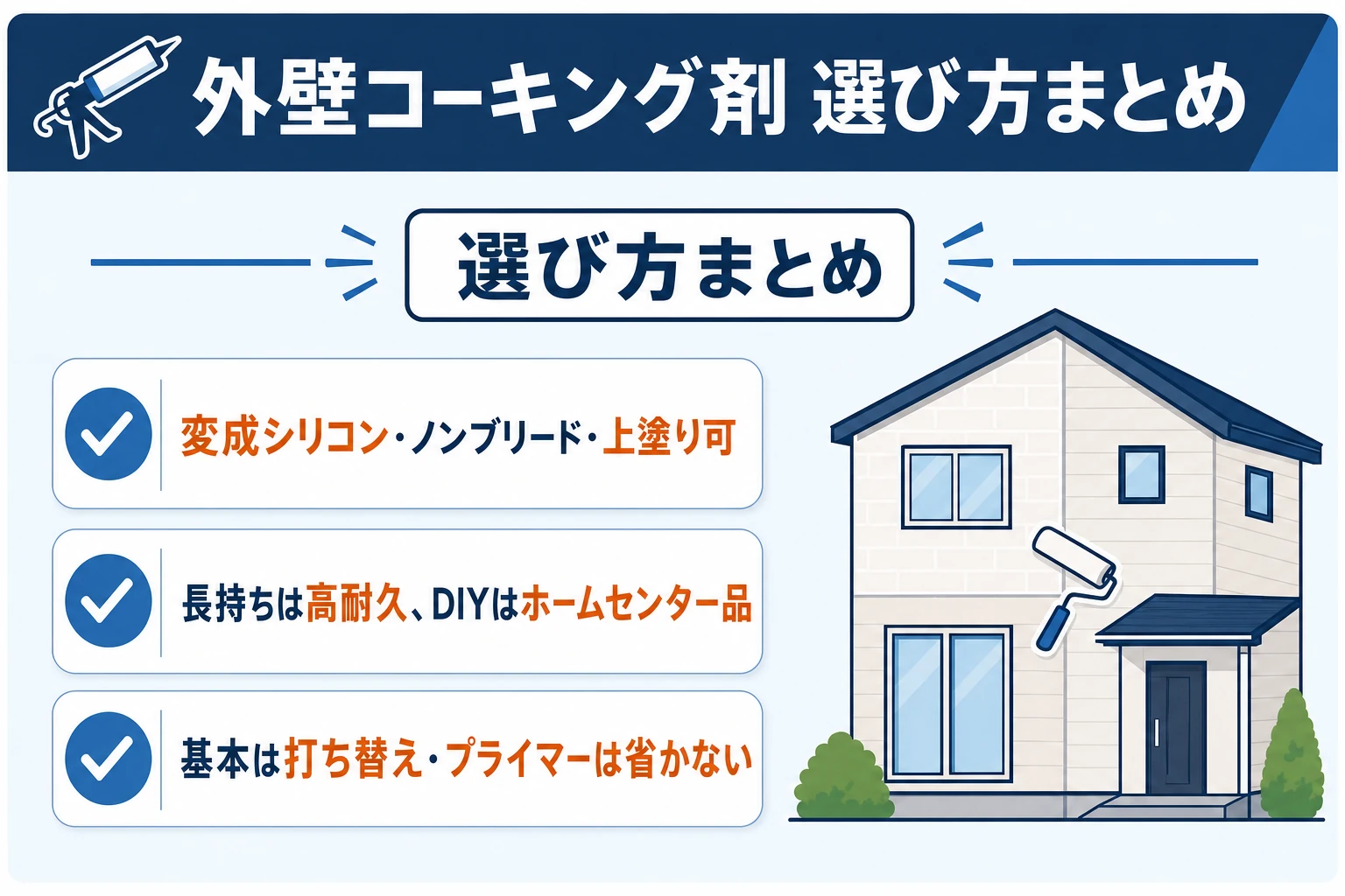 外壁コーキング剤の選び方まとめ図。3原則と目的別のおすすめ製品の早見