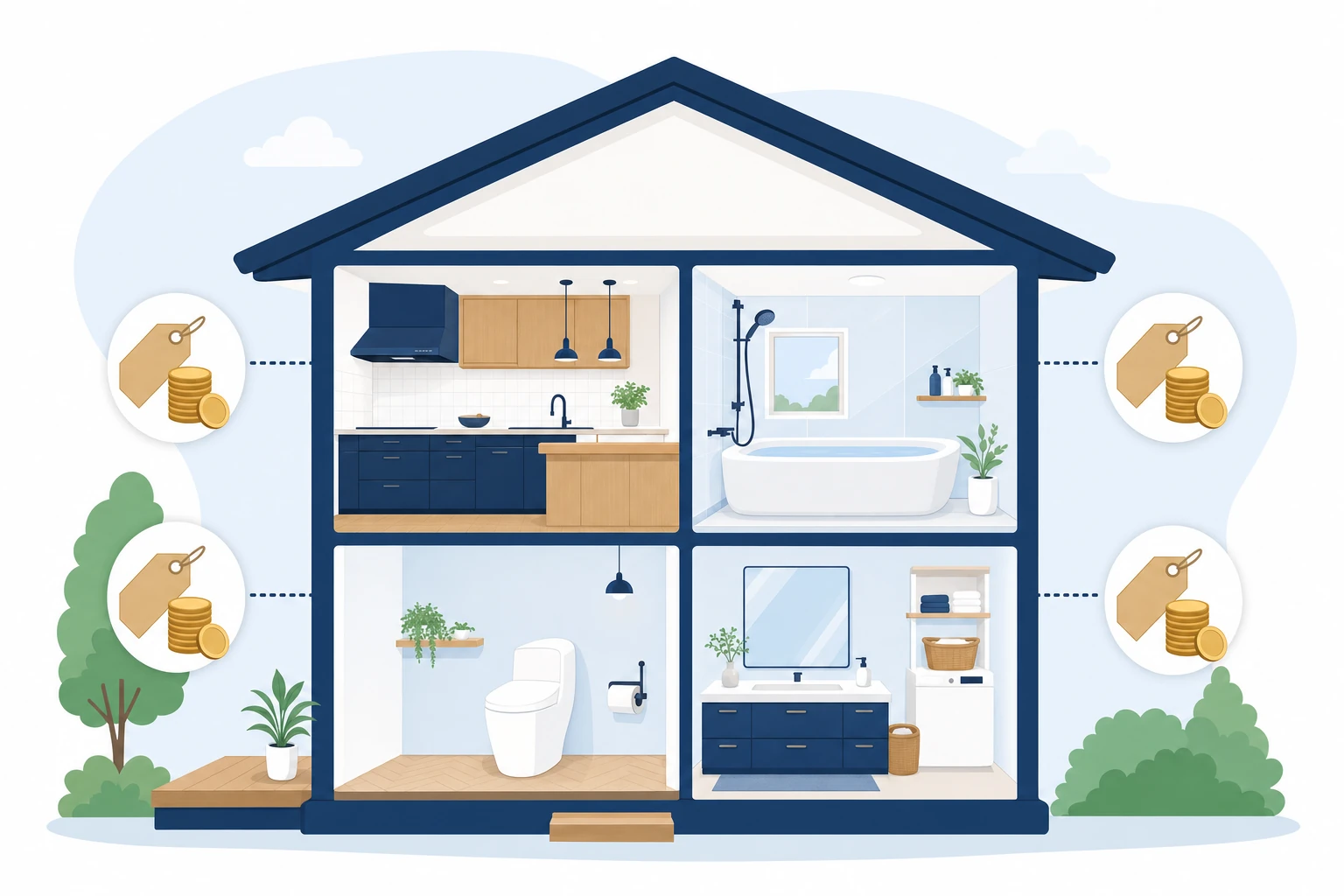 住宅を部屋ごとに分けて箇所別のリフォーム費用を比較するイメージ図