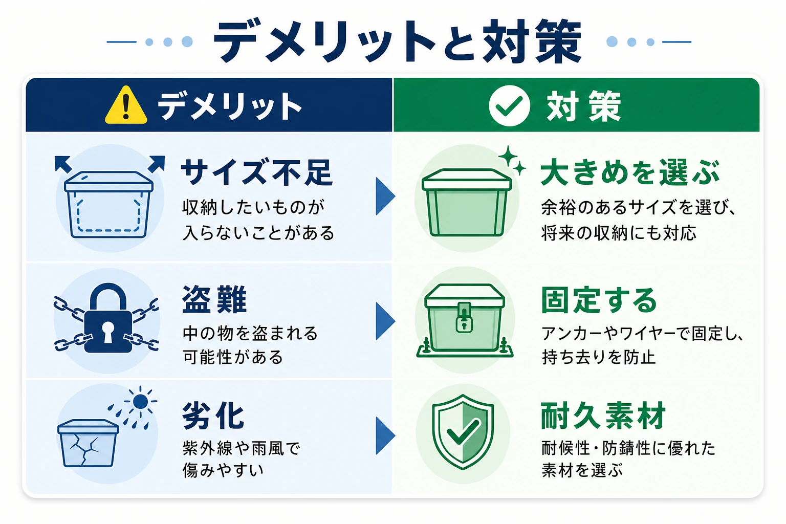 宅配ボックスのデメリットと、それぞれの後悔しない対策を対比した図解