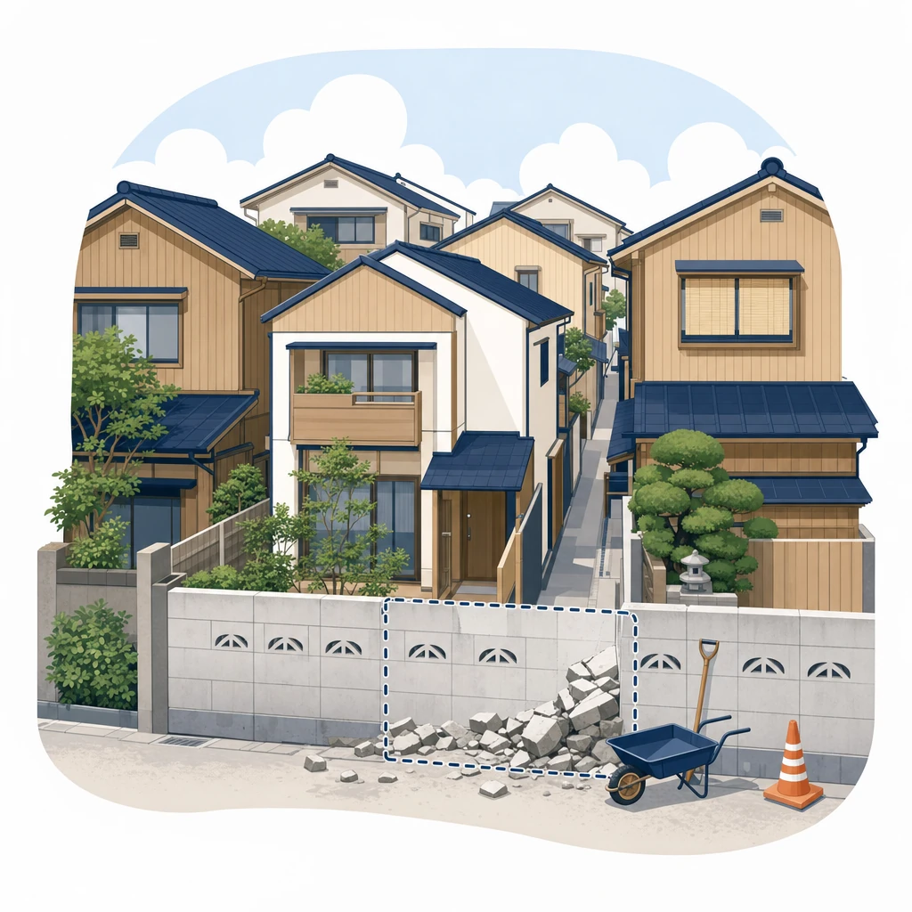 木造住宅が密集する住宅街と、撤去対象のブロック塀を表したイメージ図