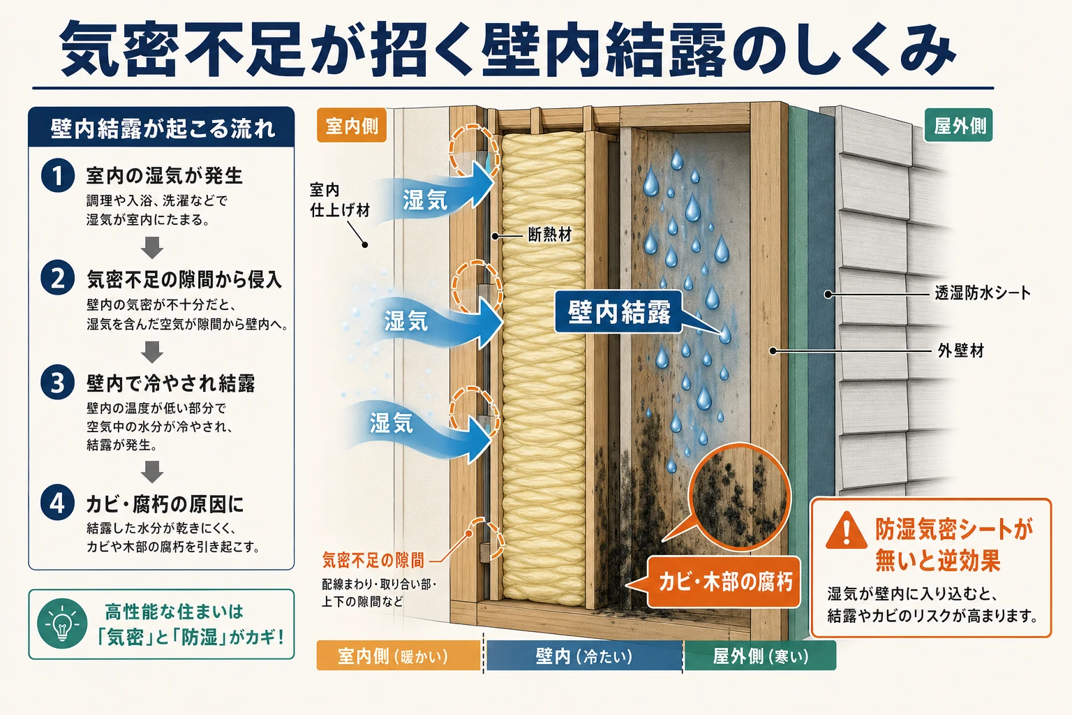 気密不足で壁の隙間から湿気が入り壁内結露とカビが発生する仕組みの断面図解