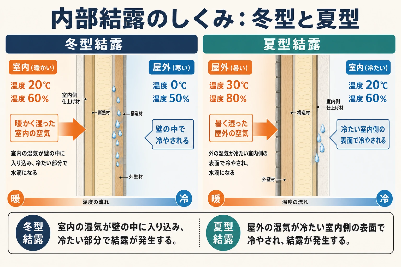 冬型結露と夏型結露それぞれの発生メカニズムを2つの壁断面で比較した図解
