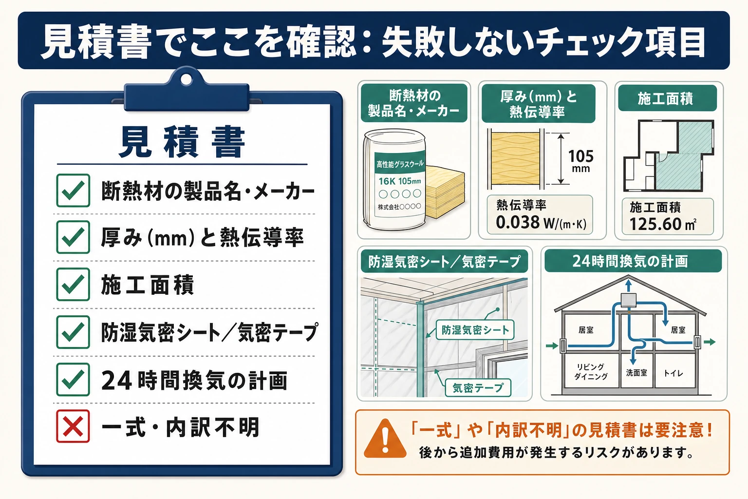 断熱リフォームの見積書で確認すべきチェック項目を並べたチェックリスト図解
