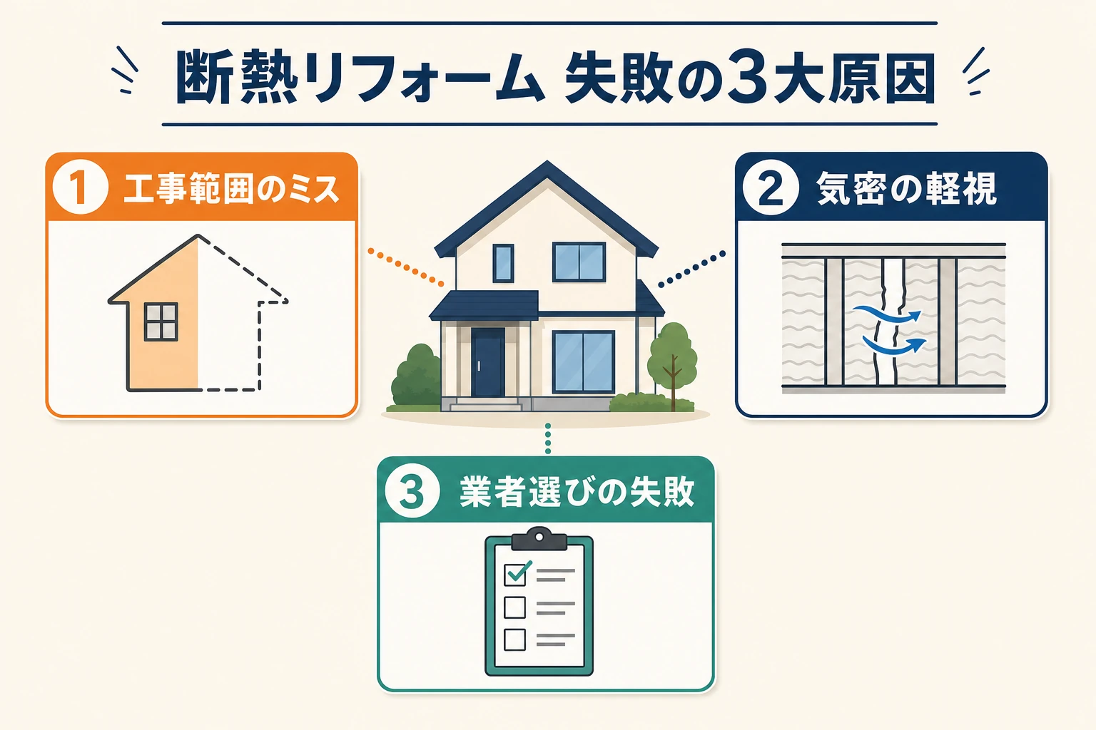 断熱リフォーム失敗の3大原因（工事範囲のミス・気密の軽視・業者選びの失敗）を家のアイコンとともに示した図解