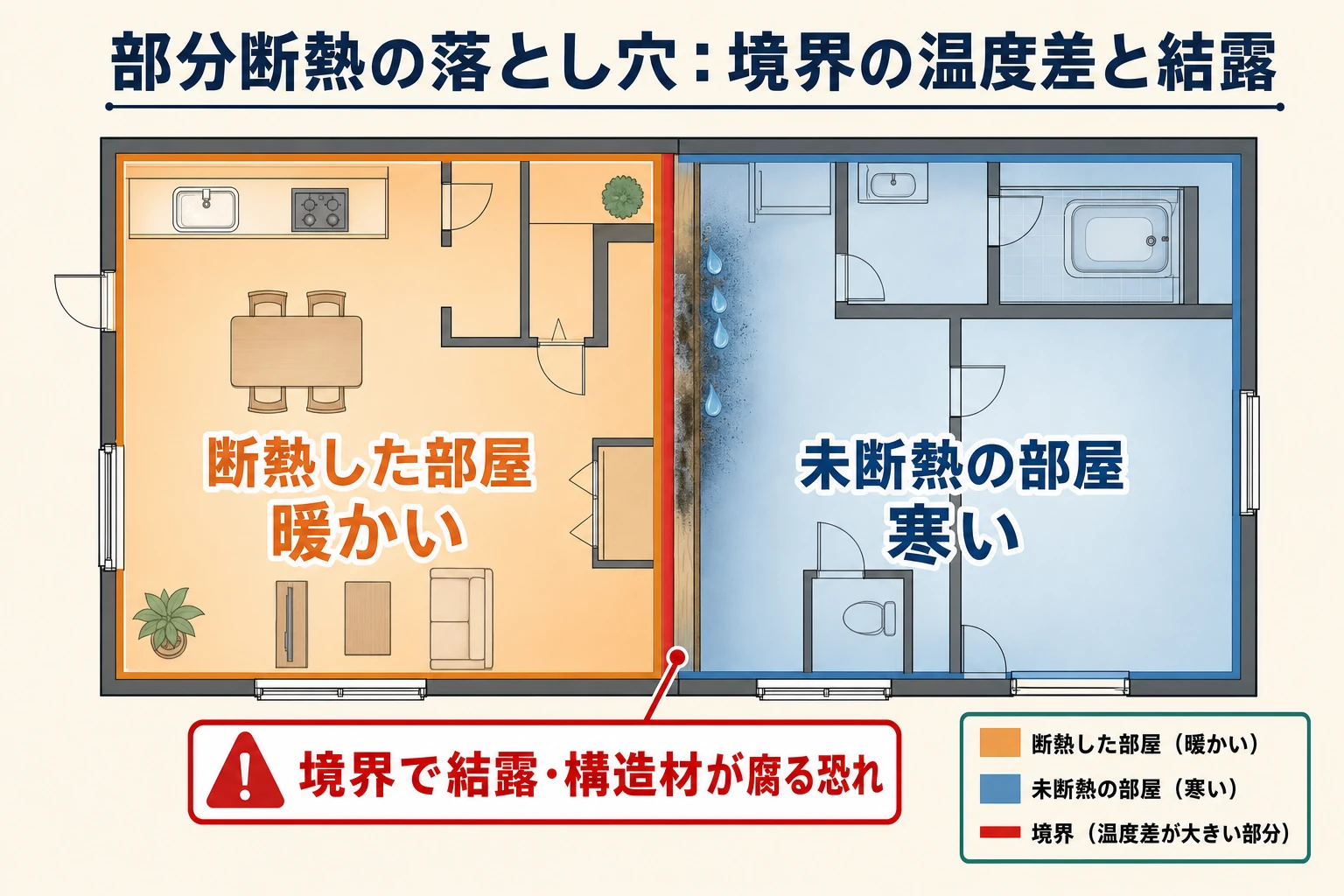 断熱した部屋と未断熱の部屋の境界で温度差が生まれ結露が起きることを示す間取り図解