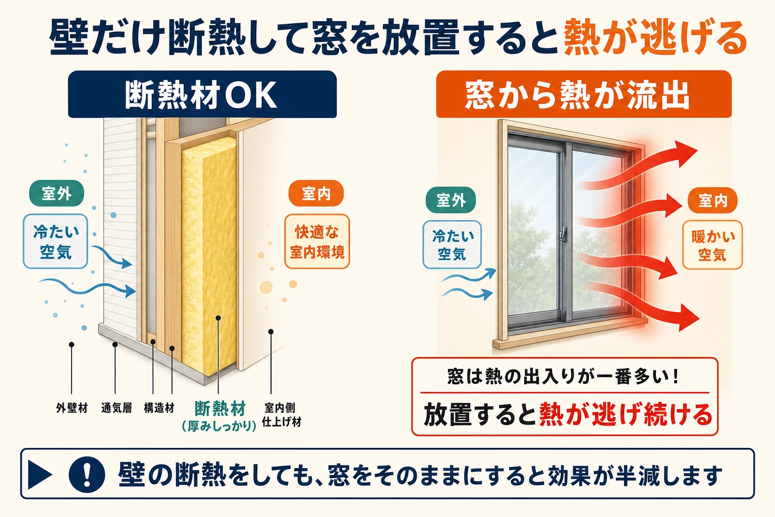 壁に断熱材を入れても窓を放置すると窓から熱が逃げることを示す断面図解