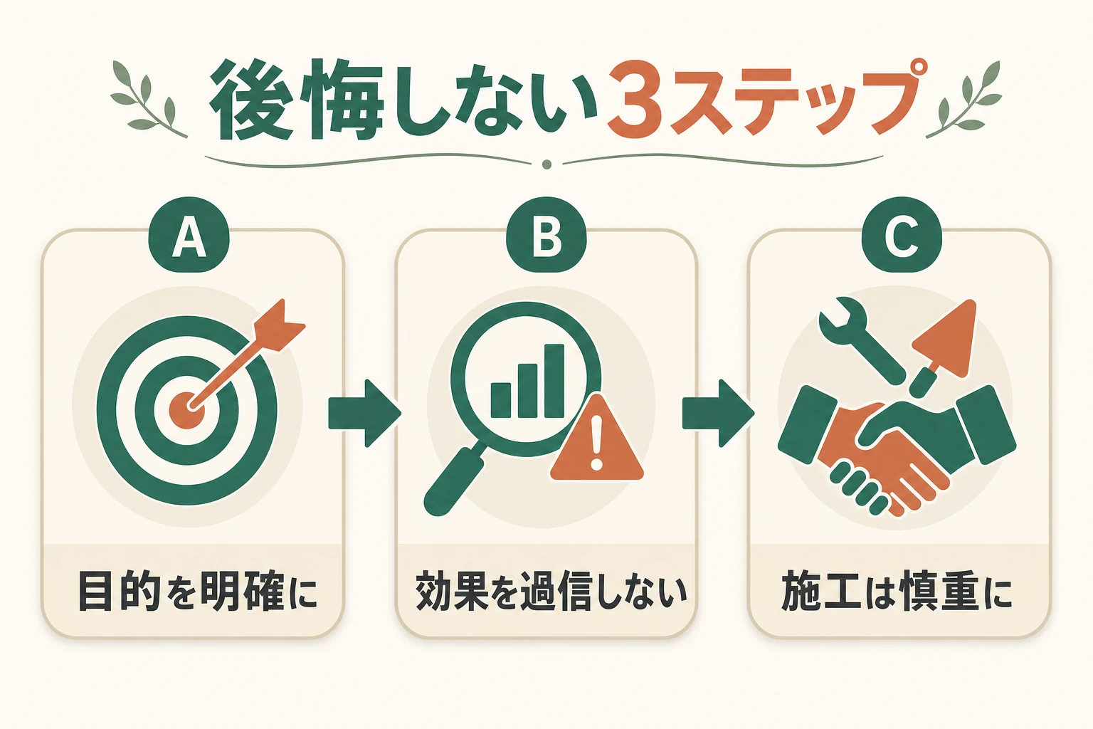 目的を明確に・効果を過信しない・施工は慎重にというエコカラットで後悔しない3ステップの図