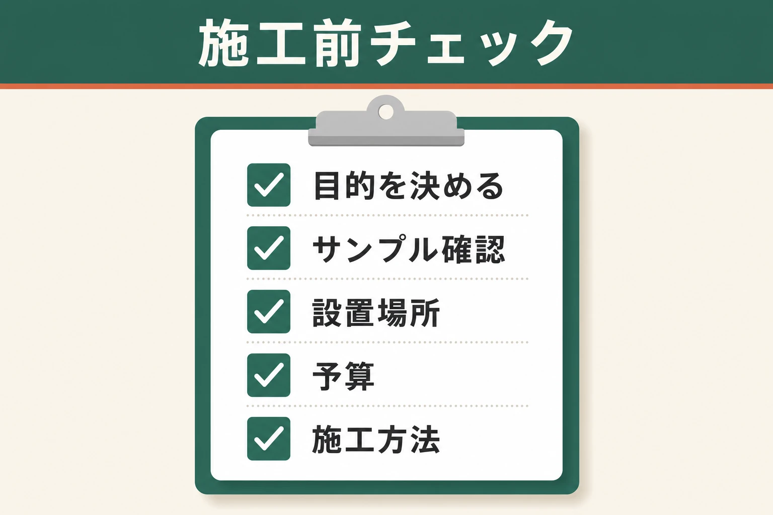 目的・サンプル・設置場所・予算・施工方法というエコカラット施工前チェック図