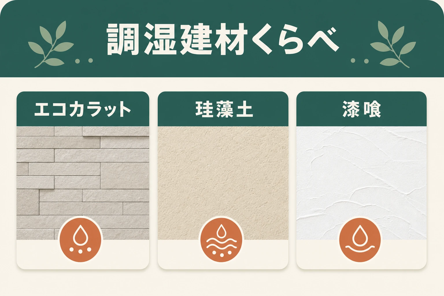 エコカラット・珪藻土・漆喰という調湿建材の質感を並べた比較図