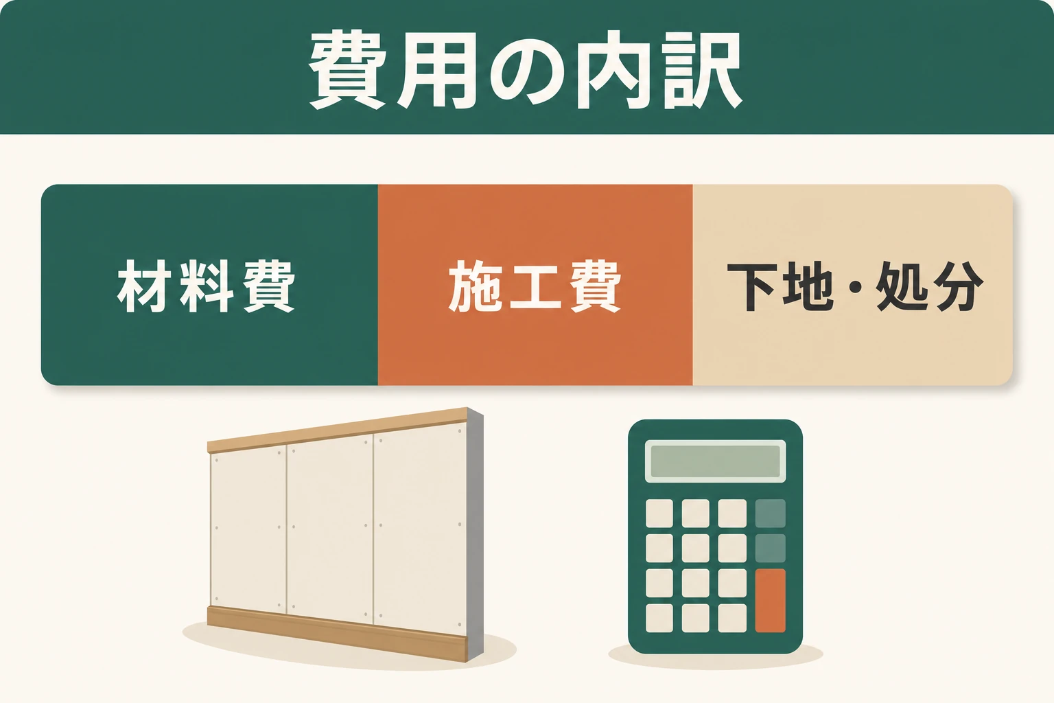 エコカラット費用の内訳を材料費・施工費・下地に分けて示した帯グラフ図