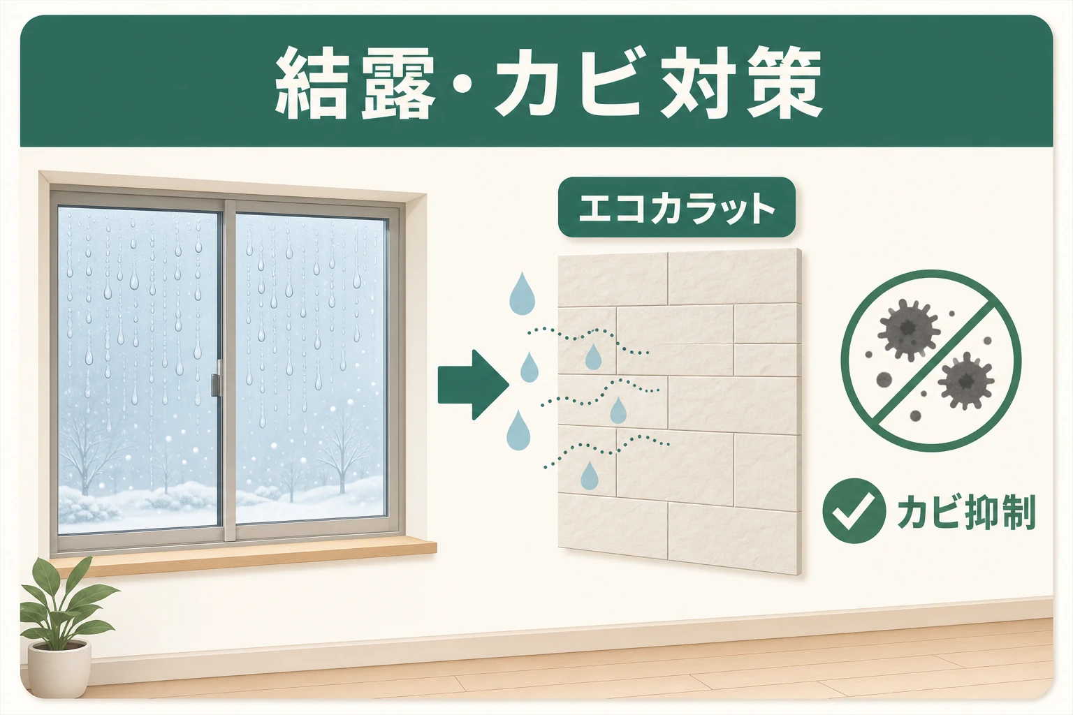 エコカラットが窓際の湿気を吸収し結露やカビを抑えるメリットの図