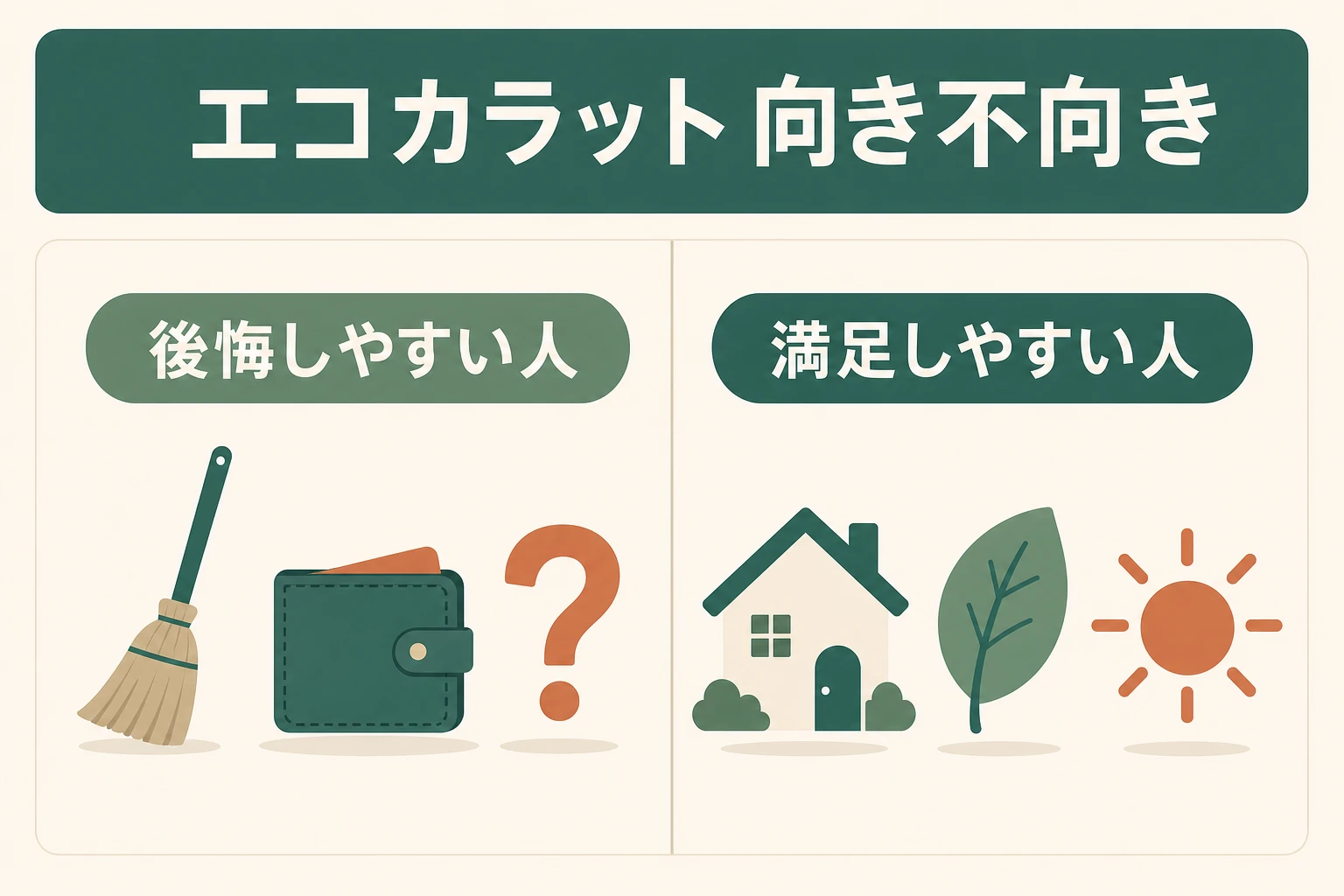 エコカラットで後悔しやすい人と満足しやすい人の特徴を対比した図