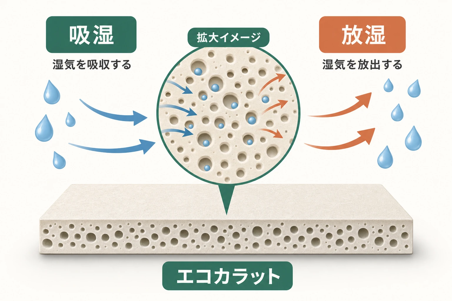 多孔質セラミックのエコカラットが湿気を吸放湿する仕組みの断面図