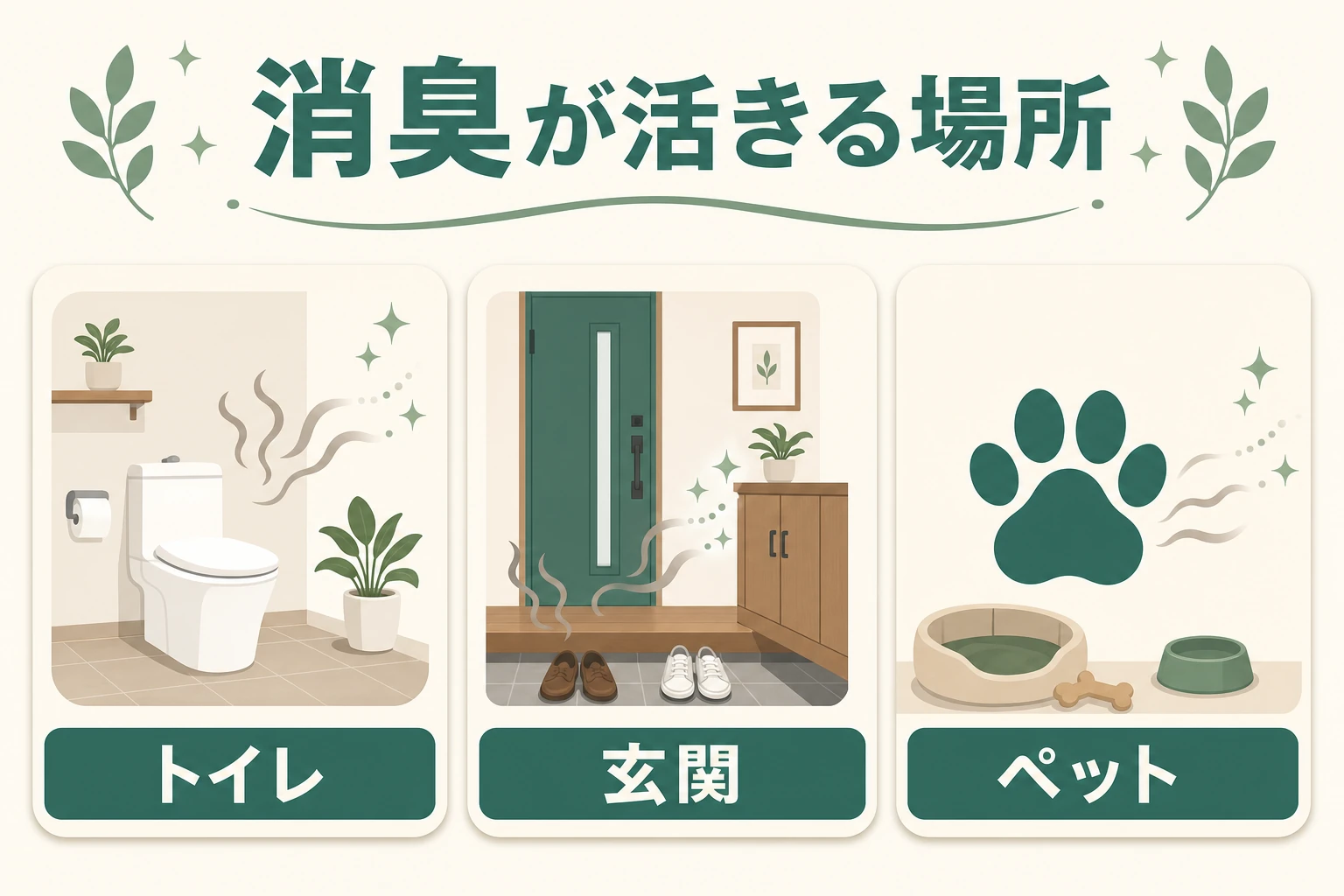 トイレ・玄関・ペットのニオイにエコカラットの消臭が活きる場所を示した図