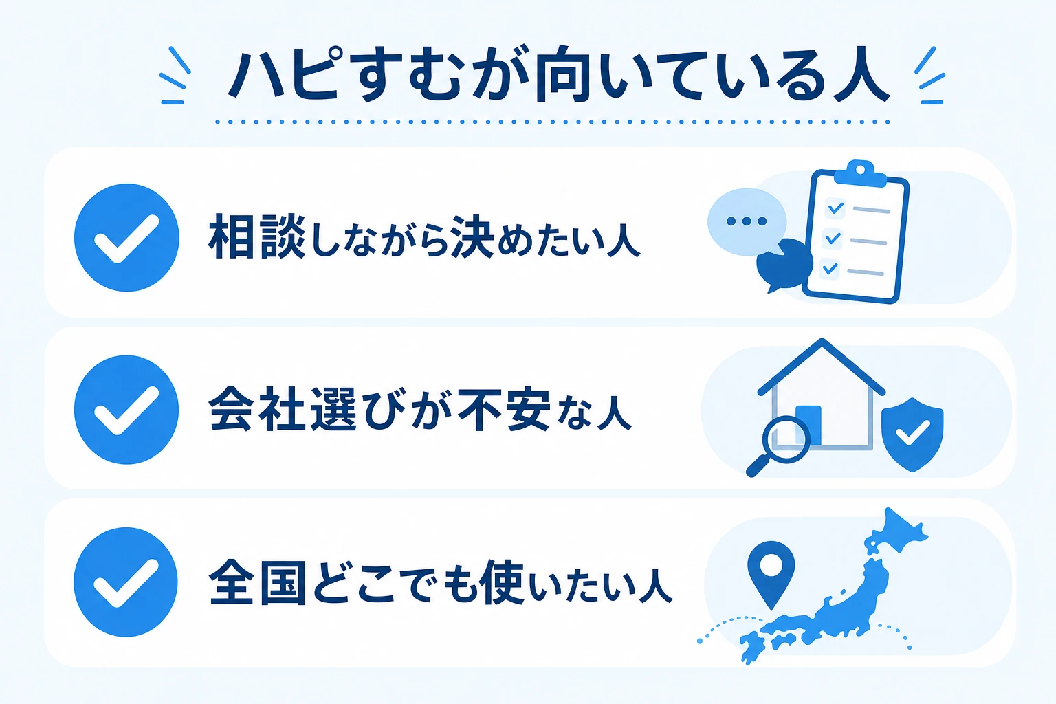 ハピすむが向いている人。相談しながら決めたい・会社選びが不安・全国で使いたい