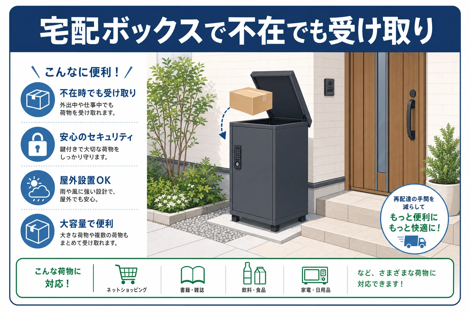 戸建ての玄関前に設置した宅配ボックスで不在時に荷物を受け取るイメージ図