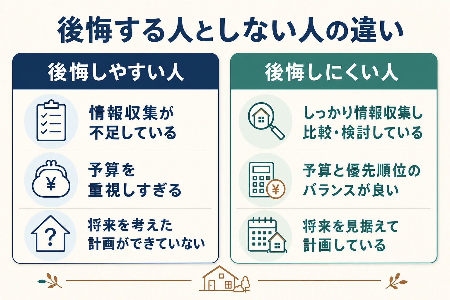 ビルトインオーブンで後悔しやすい人と後悔しにくい人の特徴を対比した図