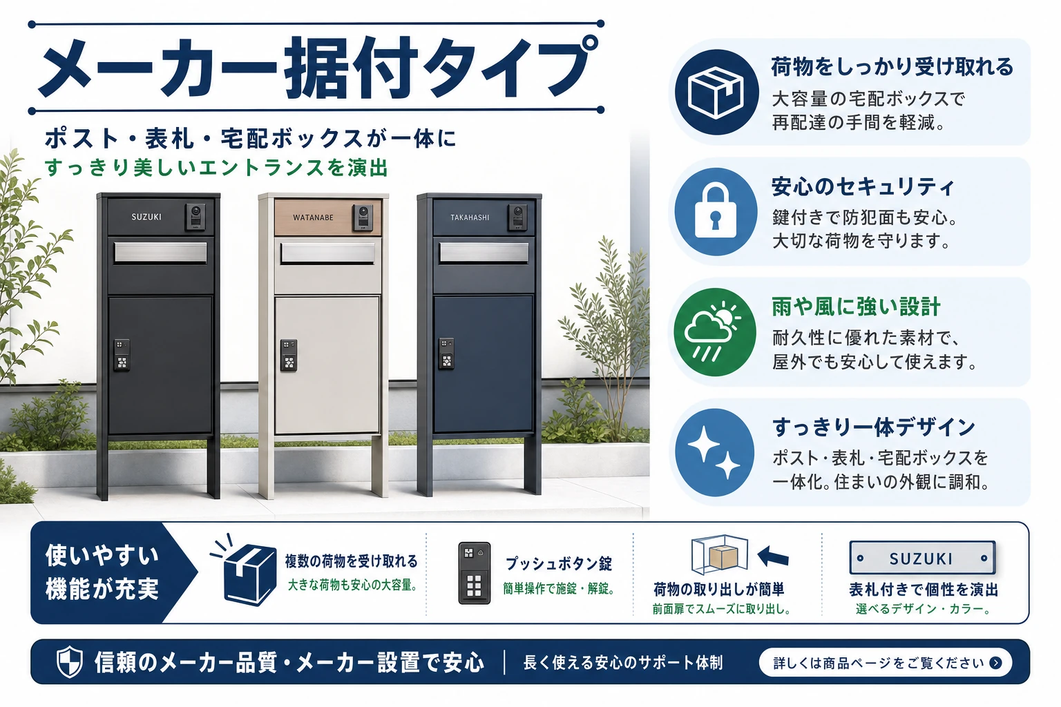 門柱一体型のメーカー据付宅配ボックスを並べたイメージ図