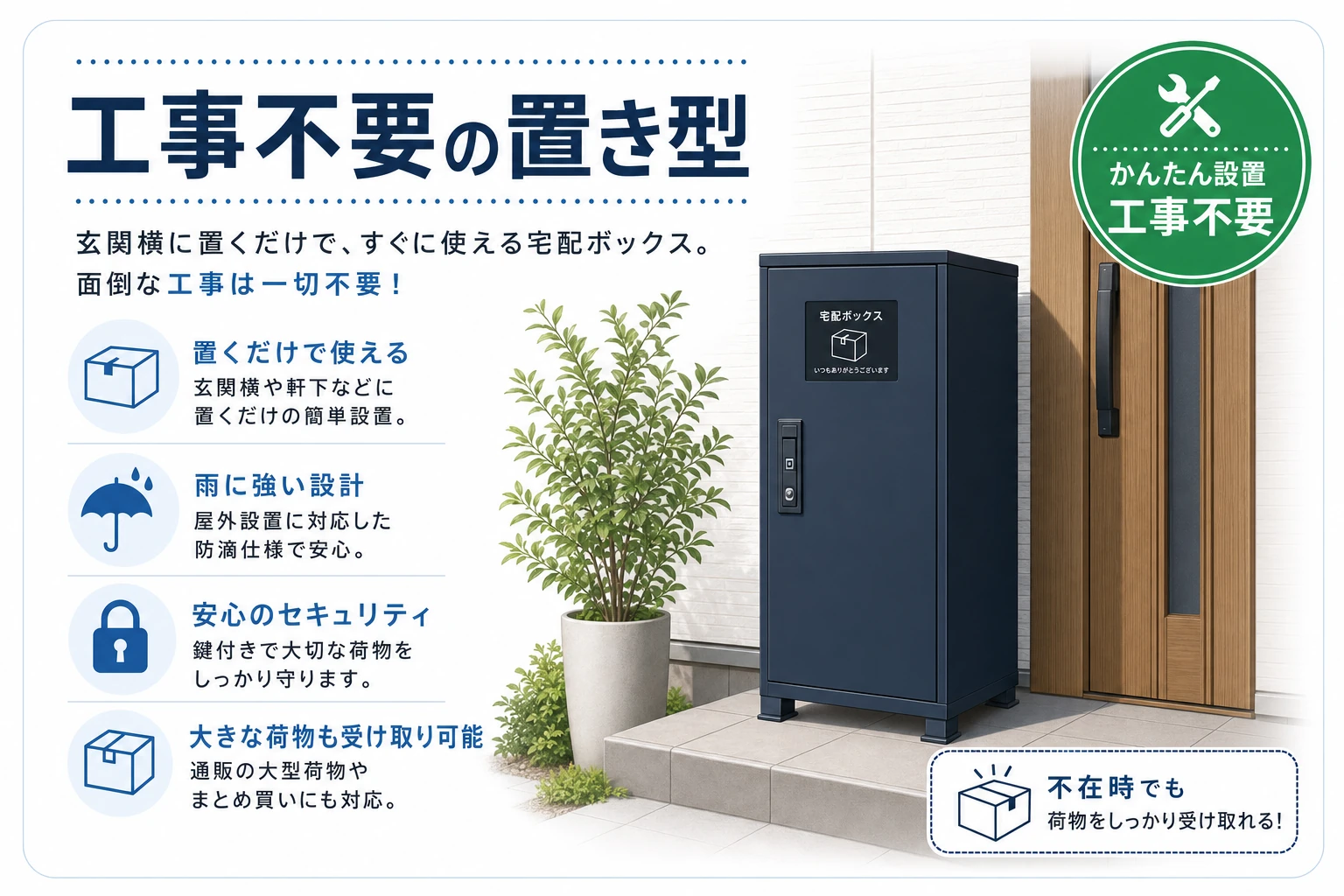 玄関先に置くだけの工事不要な置き型宅配ボックスのイメージ図