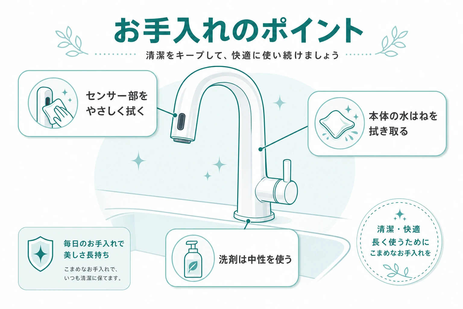 タッチレス水栓のお手入れ・掃除のポイントを示した図解