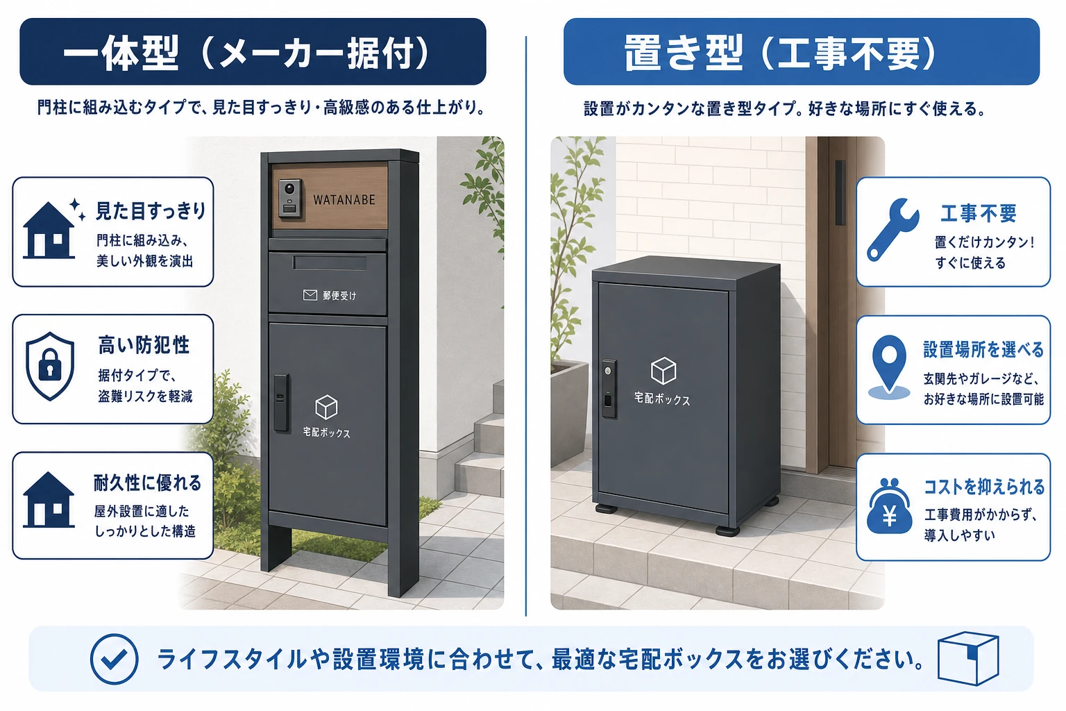 門柱一体型と工事不要の置き型宅配ボックスを並べて比較した図解