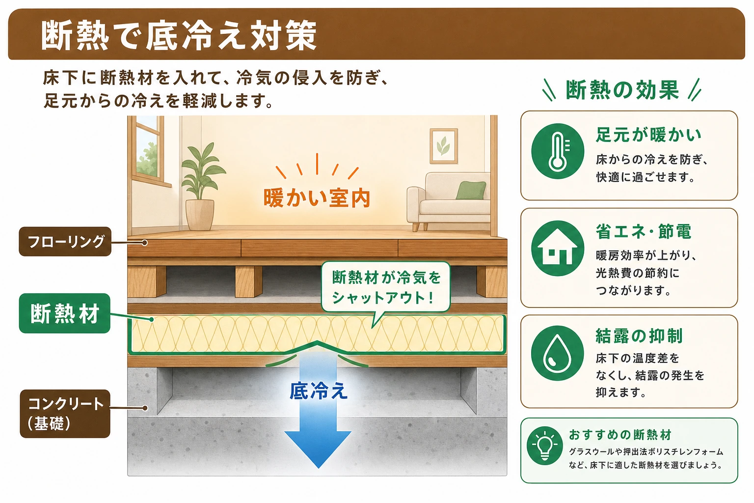 畳からフローリングにした際の底冷えと断熱材の効果を示した断面イメージの図解